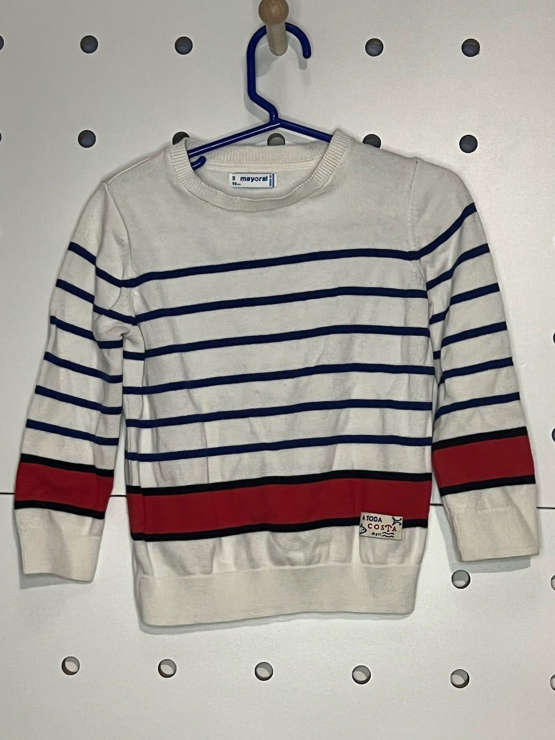 Mayoral - Kids' White Blue and Red Striped Crew Neck Sweater