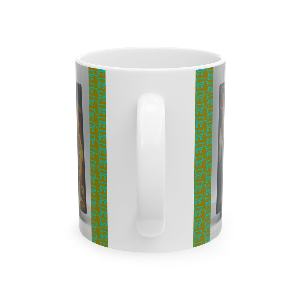 Patterned Ceramic Coffee Mug with Retro Green-Orange Stripe