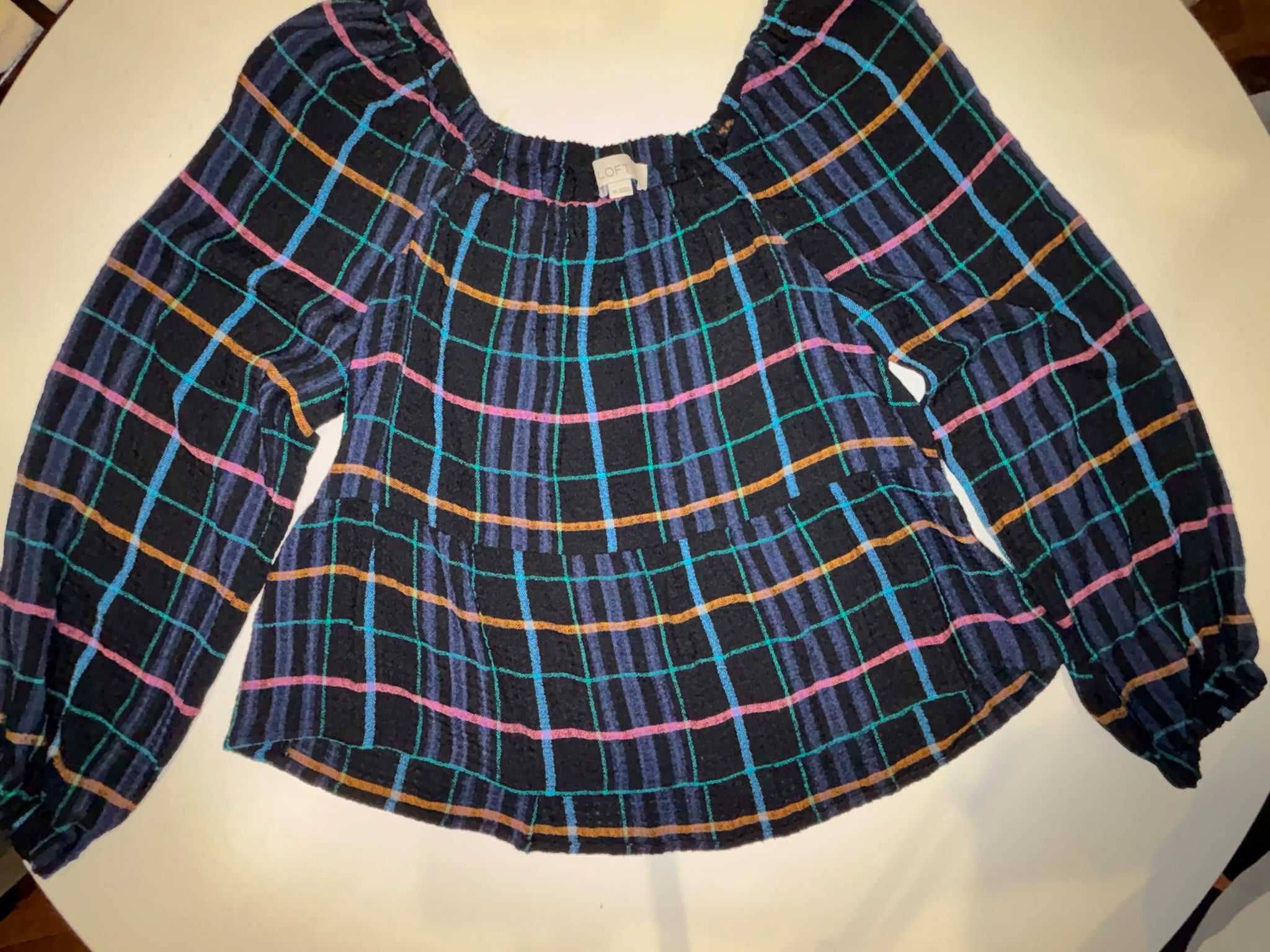 Ann Taylor Loft - Off Shoulder Black/Multi Color Plaid Flowy Blouse