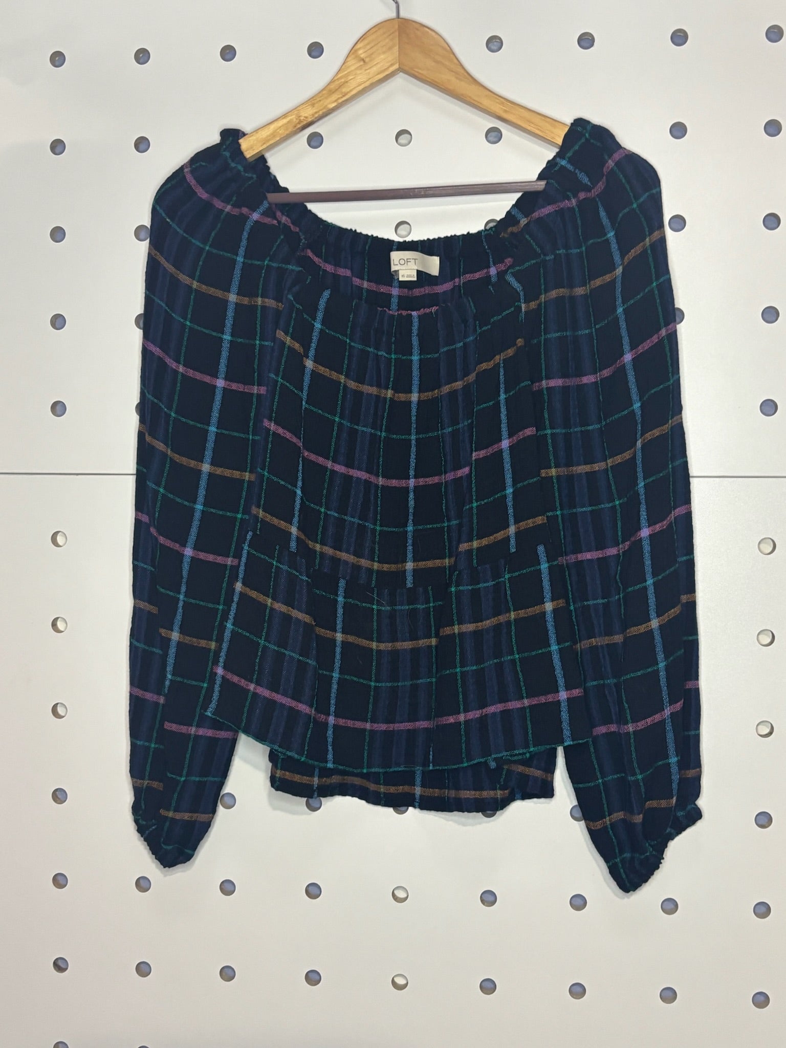 Ann Taylor Loft - Off Shoulder Black/Multi Color Plaid Flowy Blouse