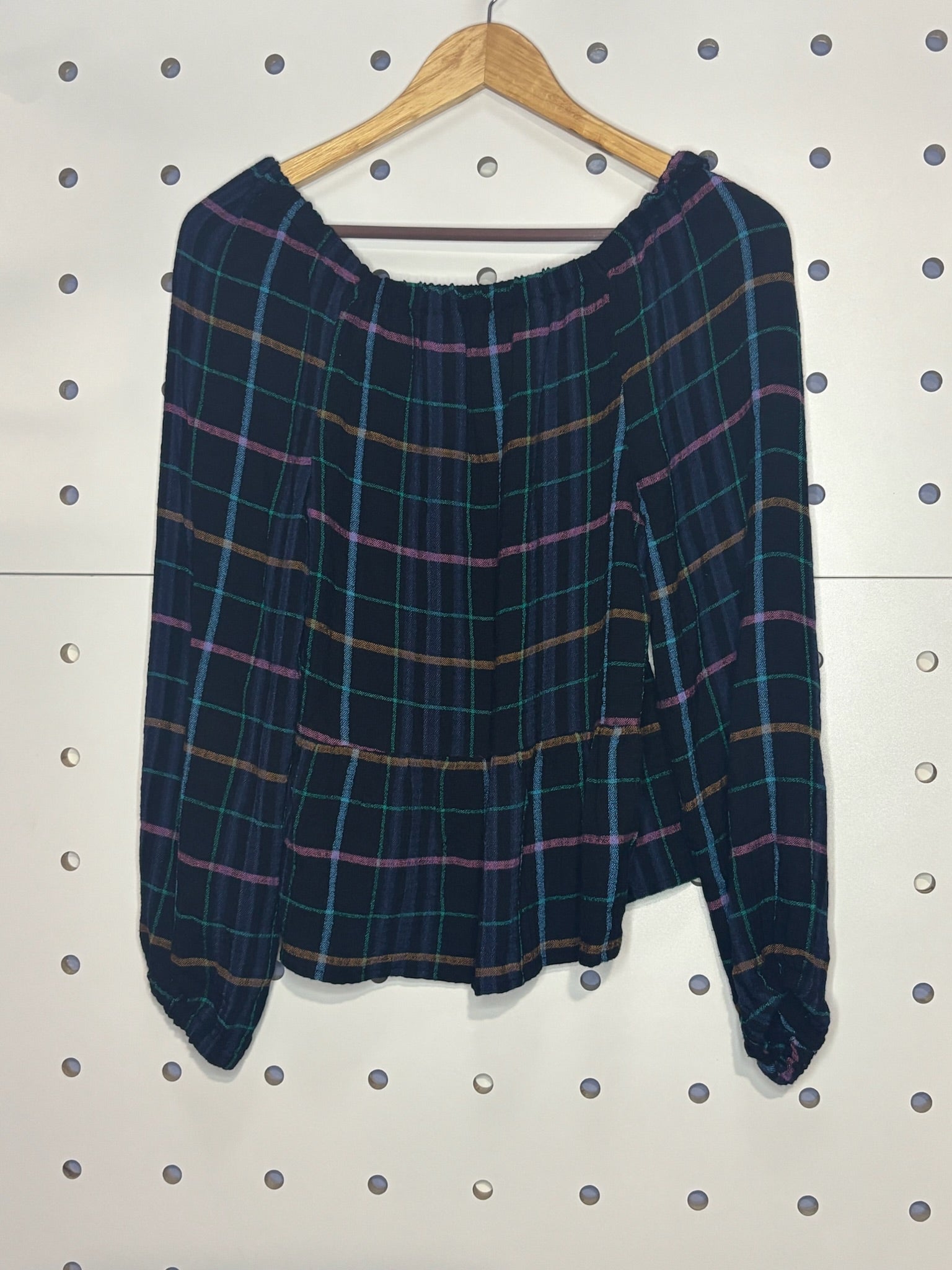 Ann Taylor Loft - Off Shoulder Black/Multi Color Plaid Flowy Blouse